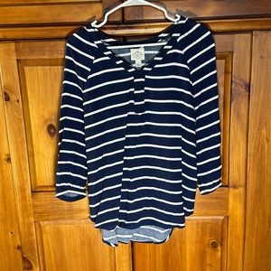St. John’s Bay Navy and White Striped 3/4 Length Nautical Blouse